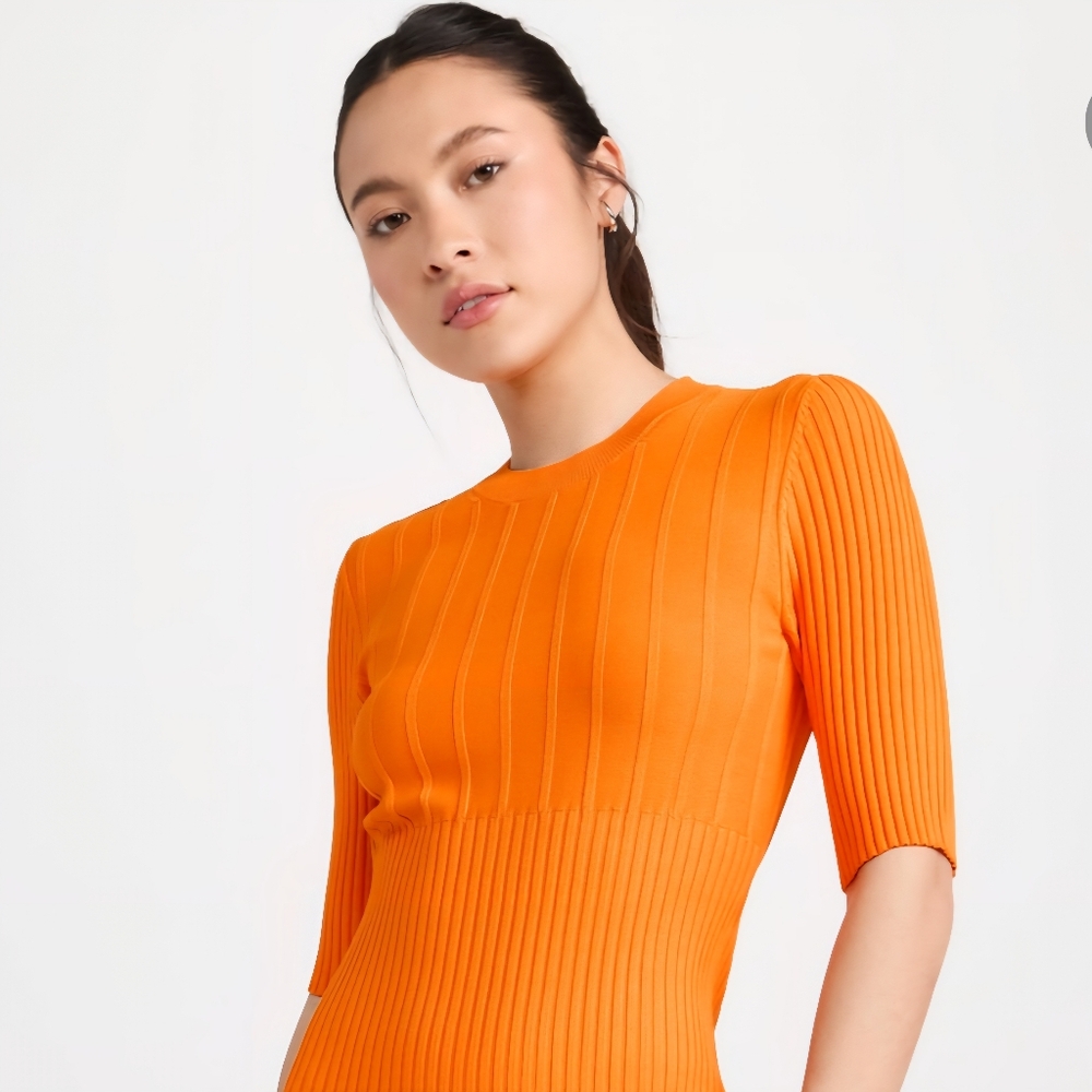 FRAME Orange ¾ Sleeve Sweater in Mixed Rib Knit Sz S/P